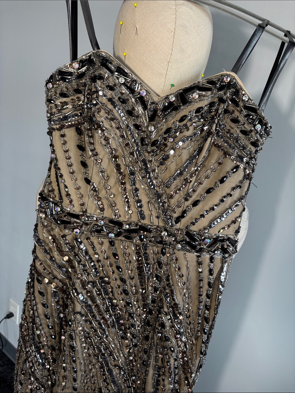 Embellished Strapless Evening Gown in Beige and Black